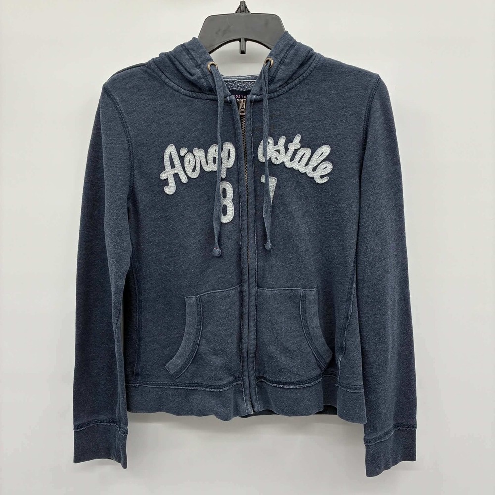 Aeropostale Hoodie Womens L Blue Full Zip Glitter Logo Fleece Hooded Sweatshirt